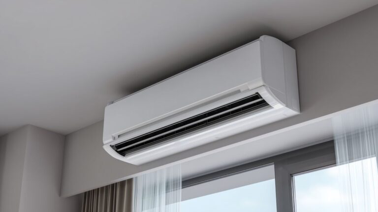 Air conditioning unit mounted on wall in modern room with large window and curtains during daytime