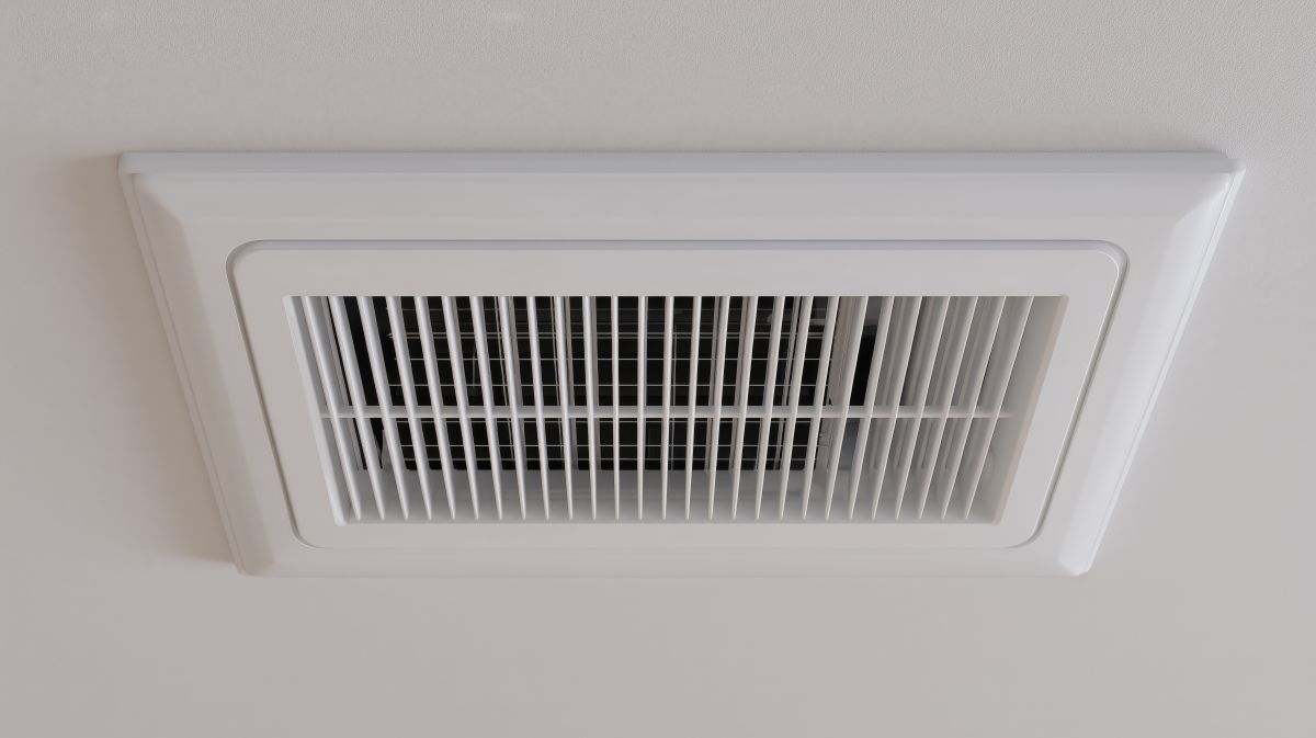 Ventilation system mounted on ceiling provides air circulation in indoor space for comfort and climate control